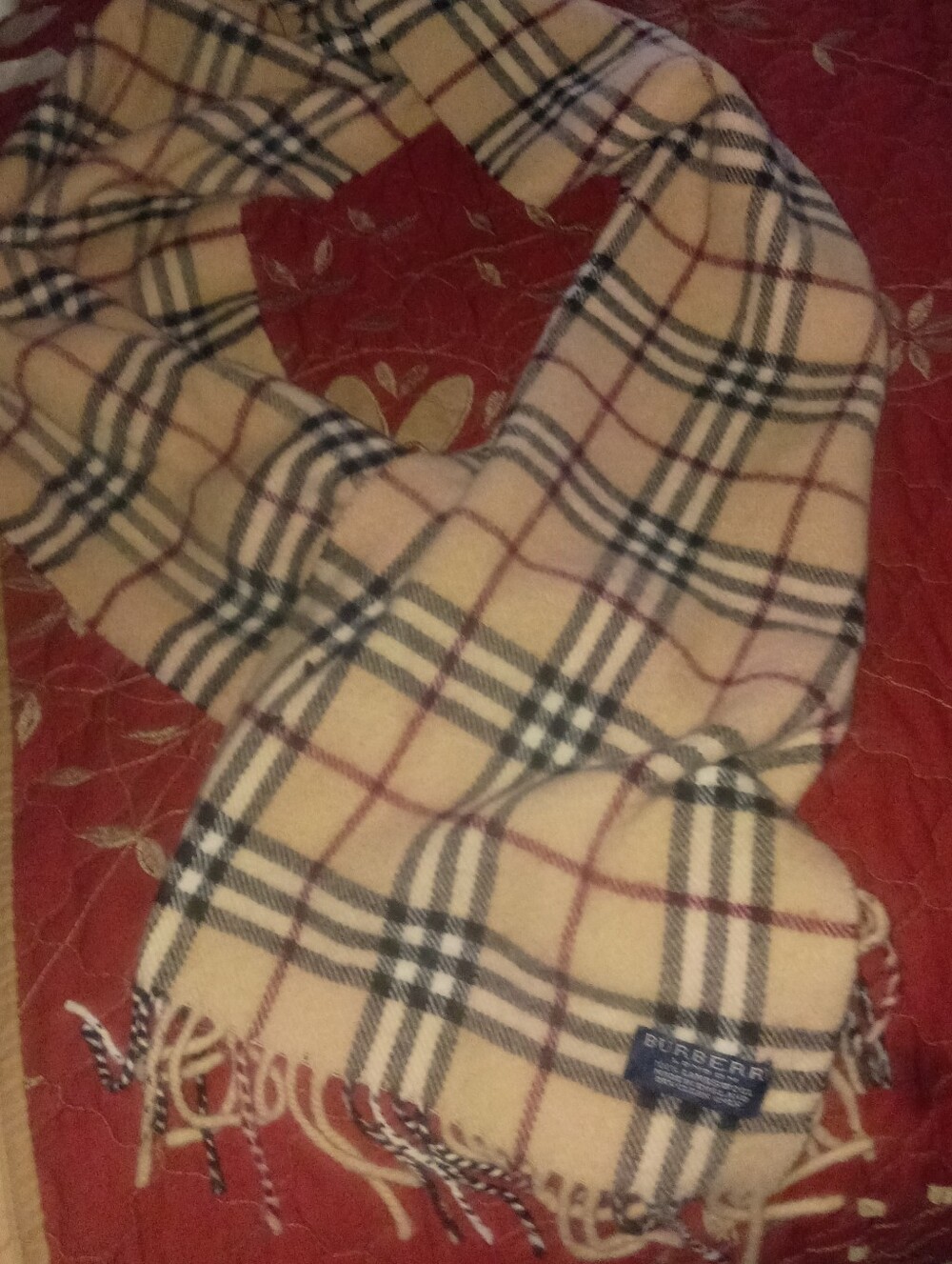 Vintage Burberry Beige Plaid Wool Scarf with Black and Red Accents